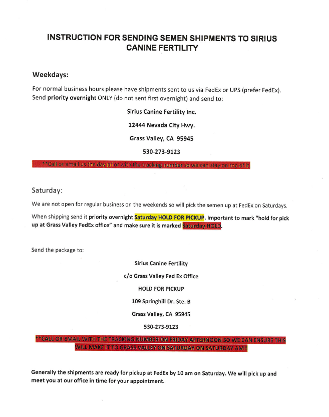 Shipping Instructions - Sirius Canine Fertility