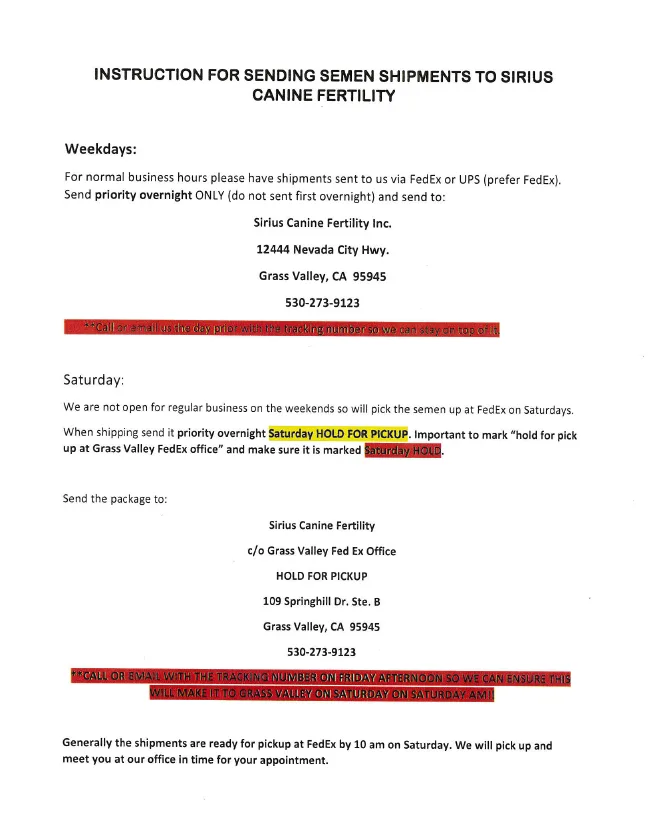 Shipping Instructions - Sirius Canine Fertility